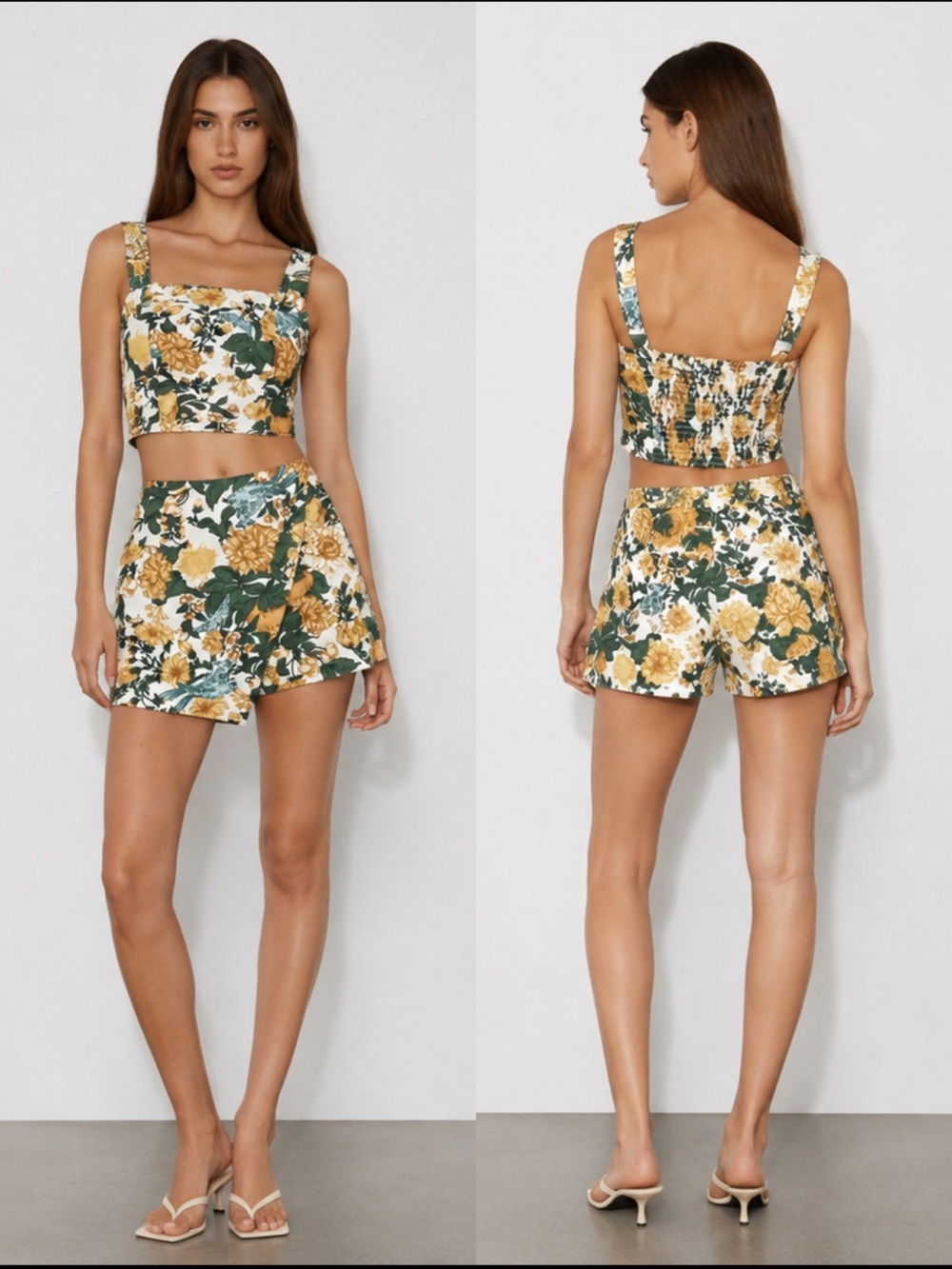 Floral Crop Tank and Shorts Set - Yellow Green